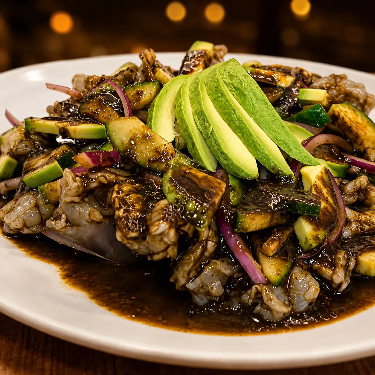Aguachile negro con camarón fresco y salsa oscura en Mariscos Muelle 27, Querétaro