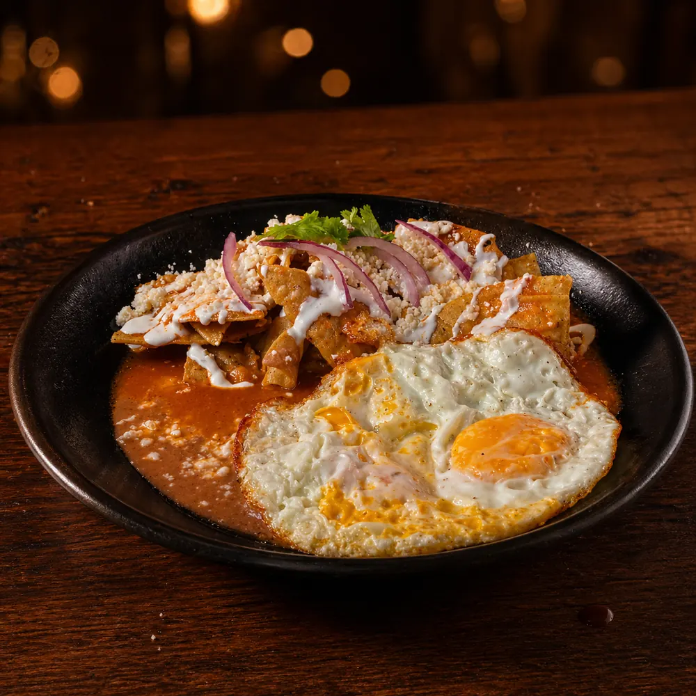 Chilaquiles rojos con huevo en el desayuno de Mariscos Muelle 27, Querétaro