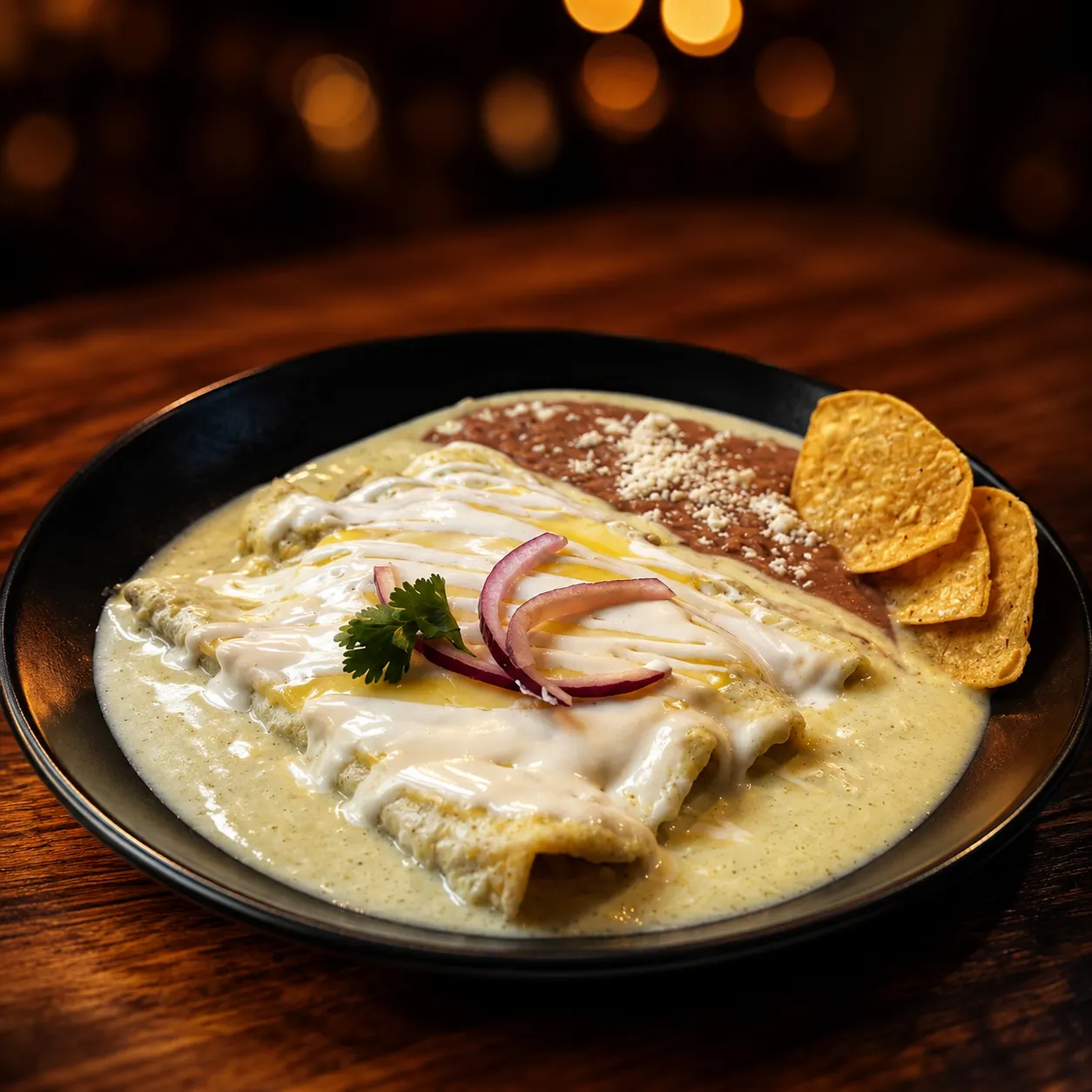 Enchiladas suizas gratinadas con queso del desayuno en Mariscos Muelle 27, Querétaro
