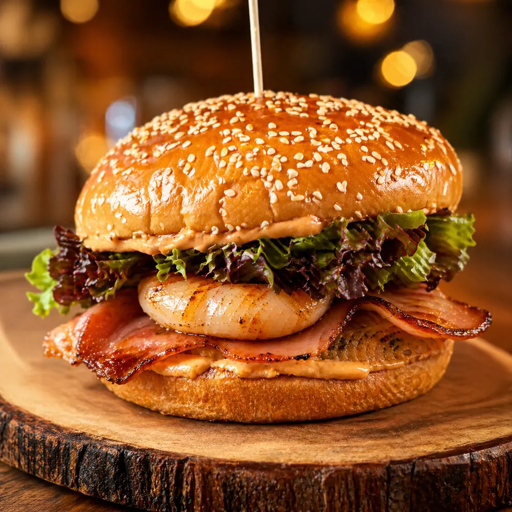 Hamburguesa Muelle con camarón, tocino y brioche tostado en tabla de madera — Mariscos Muelle 27, Querétaro
