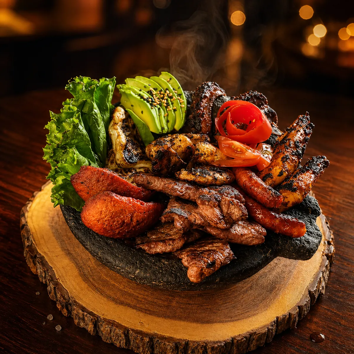 Molcajete mar y tierra con arrachera, pulpo, camarones y queso panela — Mariscos Muelle 27, Querétaro
