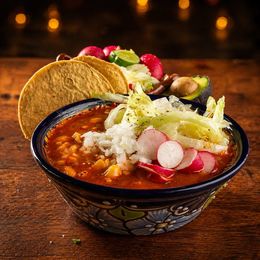 Pozole de la casa servido los jueves y viernes en Mariscos Muelle 27, Querétaro