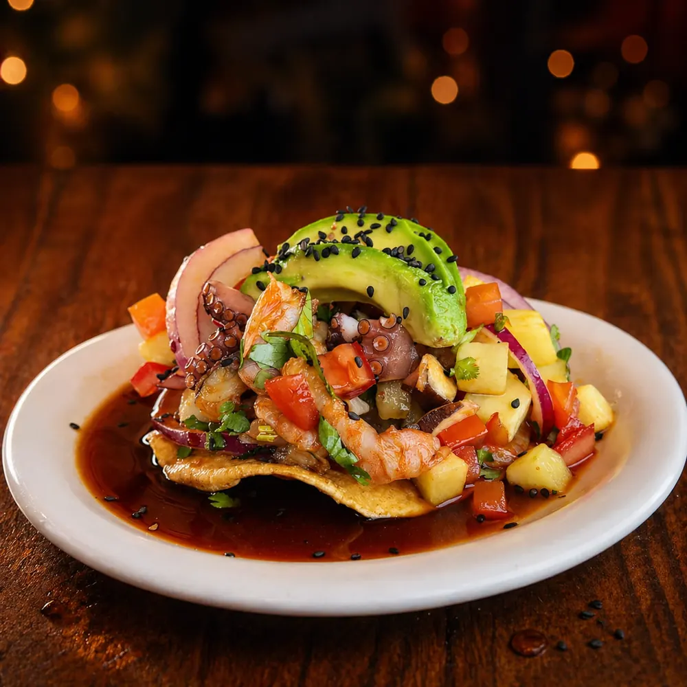 Tostada de ceviche con receta de la costa de Michoacán en Mariscos Muelle 27, Querétaro